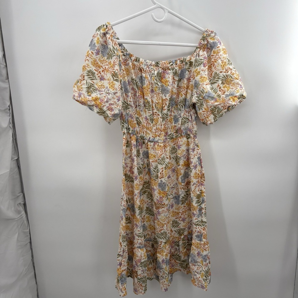 Japna Floral Puff Sleeve Midi Dress Women's Small Smocked Waist Cottagecore